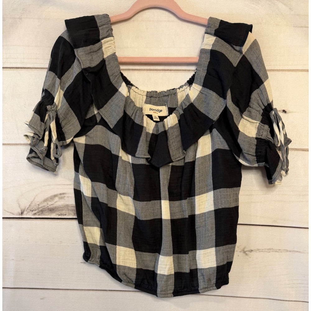 Porridge Clothing Black White Buffalo Plaid Ruffle Off Shoulder Top Sz S‎ Anthro